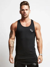 Mens round neck racerback tank black with white logo, slightly stretchy