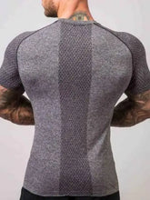 Mens round neck short sleeve athletic T-shirt in grey with white logo