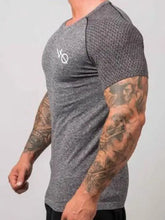Mens round neck short sleeve grey athletic t-shirt with white logo