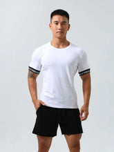 Mens round neck white t-shirt with contrast short sleeve black accents