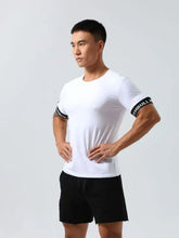 Mens round neck white T-shirt with contrast short sleeve bands