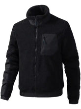 Men’s black sherpa fleece zip jacket with plush textured exterior and matching ribbed collar for warmth and comfort