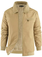 Beige men’s sherpa lined zip up bomber jacket with corduroy lining fleece interior and ribbed cuffs