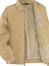 Men sherpa lined zip up jacket in beige with plush fleece lining and corduroy collar for warmth and style