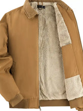 Men sherpa lined zip bomber jacket in tan corduroy with plush beige fleece interior and ribbed cuffs for warmth
