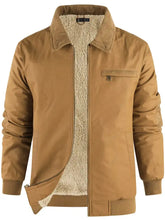 Men sherpa lined zip up jacket in tan corduroy with shearling lining ribbed cuffs and zippered front closure
