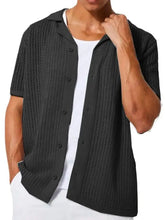 Black textured mens short sleeve knit button-up shirt with moderate stretch