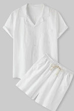 Men’s short sleeve shirt and shorts set in white lightweight textured fabric with relaxed fit machine wash tumble dry