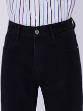 Black slim fit jeans in denim with a classic five-pocket design and silver-toned button for men