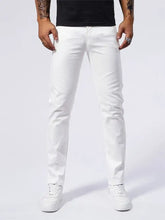 Men’s slim fit jeans in white featuring a clean modern cut and subtle creasing on slim fit jeans
