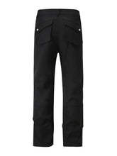 Mens slim straight pants with ruched detail, cargo style, buttoned pockets, zippered cuffs