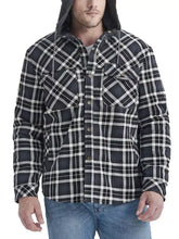 Men’s snap down hooded plaid shacket in black and white flannel with button-front closure and plaid hooded design