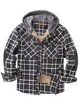 Men’s snap down hooded plaid shacket in black and white with tan fleece lining for warmth and style