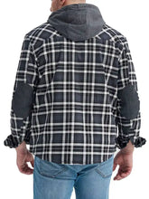 Men’s snap down plaid hooded shacket in black and white with gray fabric elbow patches and a casual design