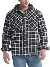 Men’s snap down plaid flannel hooded jacket in black and white with fleece lining machine wash cold recommended