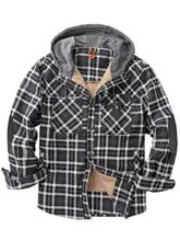 Men’s snap down plaid flannel hooded jacket in black and white with tan fleece lining machine wash cold recommended