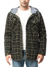 Men’s snap down plaid flannel hooded jacket in dark green and beige with gray-lined interior machine wash cold