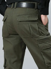 Mens olive green solid color cargo pants with multiple pockets