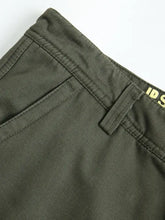 Mens solid color olive green cargo pants with front pocket and belt loops