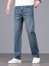 Men’s straight fit blue denim jeans with a straight-leg cut and classic five-pocket design in blue wash