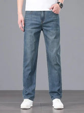 Men’s straight fit wash jeans in blue denim with a straight-leg cut and classic stitching visible from the back side