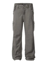 Mens straight leg olive green cargo pants with pockets and drawstring cuffs