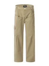 Mens straight leg cargo pants in khaki with front and side pockets