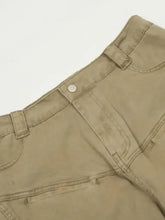 Mens straight leg cargo pants in khaki cotton with button closure and belt loops