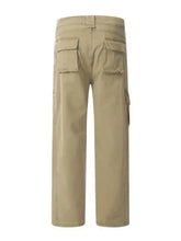 Mens straight leg cargo pants with khaki fabric and multiple pockets