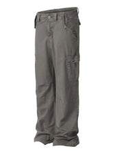Mens straight leg olive green cargo pants with distressed pockets