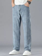 Mens straight leg jeans in light-wash denim with a relaxed, straight leg cut and visible stitching along seams