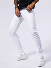 White slim-fit straight leg jeans with a clean modern design and subtle stitching details for men