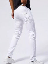Men’s white slim-fit straight leg jeans with gold-tone belt loop and subtle stitching details in denim fabric