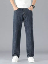 Dark blue denim men’s straight leg jeans with classic stitching and a comfortable straight leg cut