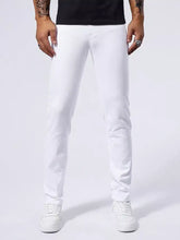 Men’s white slim-fit straight leg jeans with modern cut and subtle stitching details