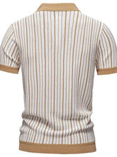 Mens Stripe Button Polo Shirt with Tan and White Vertical Stripes