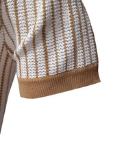 Mens stripe button polo shirt in tan and white vertical stripes with ribbed cuffs