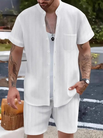 Mens Striped and Linen Two Piece Short Sets Polyester White Mens Sets