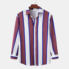 Mens striped long sleeve button-down shirt in white, blue, maroon