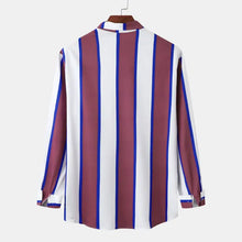 Mens striped long sleeve button-up shirt in white, blue, maroon