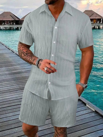 Mens Textured Cotton Blend Short Set Two Piece Outfit Gray