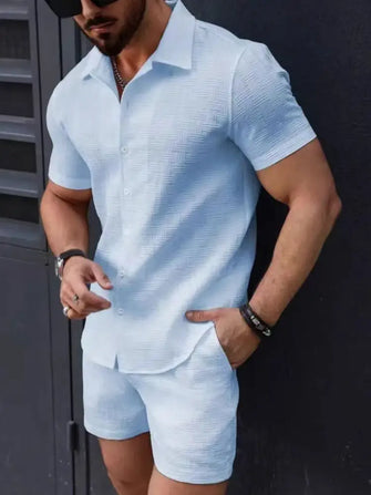 Men's Textured Two-Piece Short Set in Pink White and Light Blue Light Blue Mens Sets