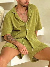 Mens Textured Two Piece Short Set Lounge Outfit Mens Sets
