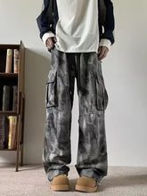 Men’s gray tie-dye loose fit cargo jeans with multiple pockets and drawstring waist for comfortable fit cargo jeans style