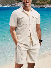 Mens Two Piece Polyester Short Set Matching Shirt and Shorts Beige Mens Sets