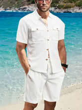 Mens Two Piece Polyester Short Set Matching Shirt and Shorts White Mens Sets