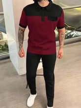 Mens Two Tone Waffle Knit Polo Shirt and Black Pants Set Burgundy Mens Sets