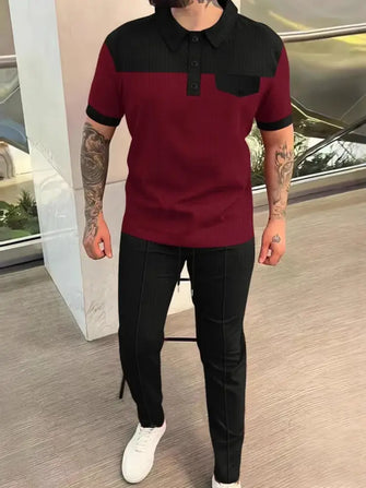 Mens Two Tone Waffle Knit Polo Shirt and Black Pants Set Burgundy Mens Sets