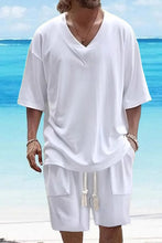 Mens V Neck Shorts Set Two Piece Outfit Polyester Summer Loungewear White