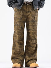Men’s vintage camouflage wide leg jeans in brown with a relaxed fit and visible front pockets